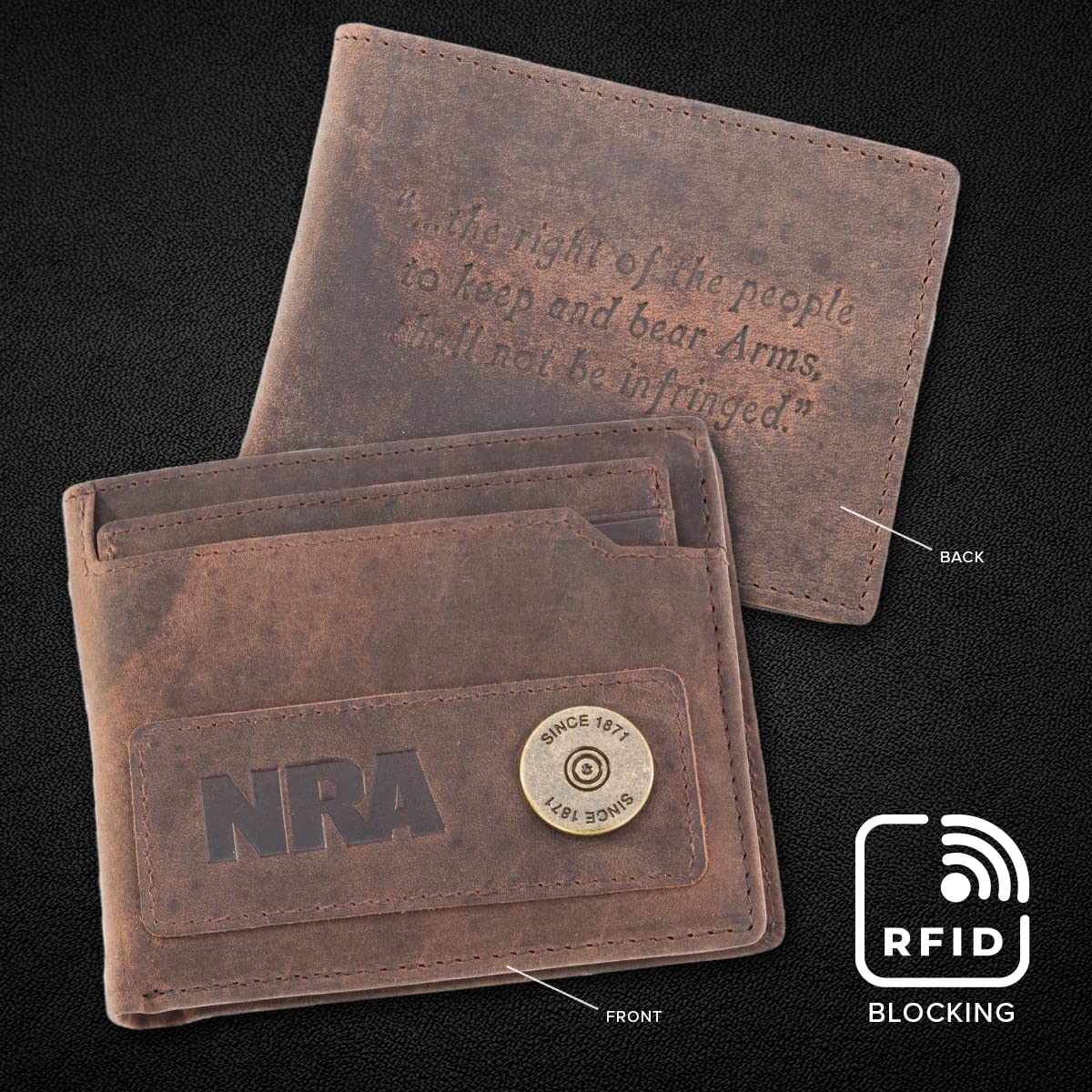 NRA 5-in-1 RFID-Blocking Wallet, Bifold Leather Card Holder Wallet, Brown