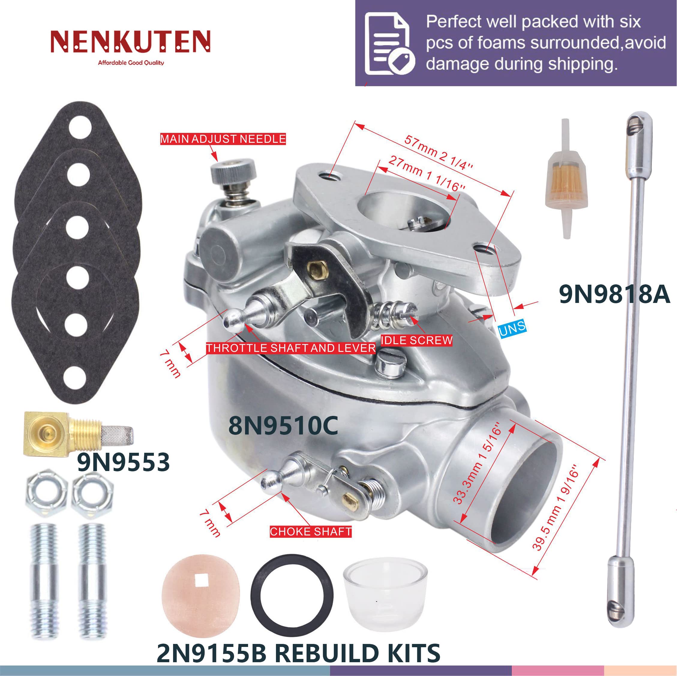 NENKUTEN Carburetor Tractor Carb for Ford 8N 9N 2N 1939-1952 with Linkage Rod Sediment Bowl Kits Gasket and Screws Bolts, Replaces 8N9510C, 8N9510C-HD, 9N9510A, B3NN9510A, TSX241A, TSX33