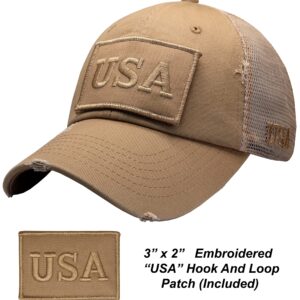 Antourage American Flag Unconstructed Hat for Men and Women Twill Mesh Snapback Baseball USA Flag Cap + 2 Patriotic Patches ((10) Khaki Distressed Mesh Snapback)