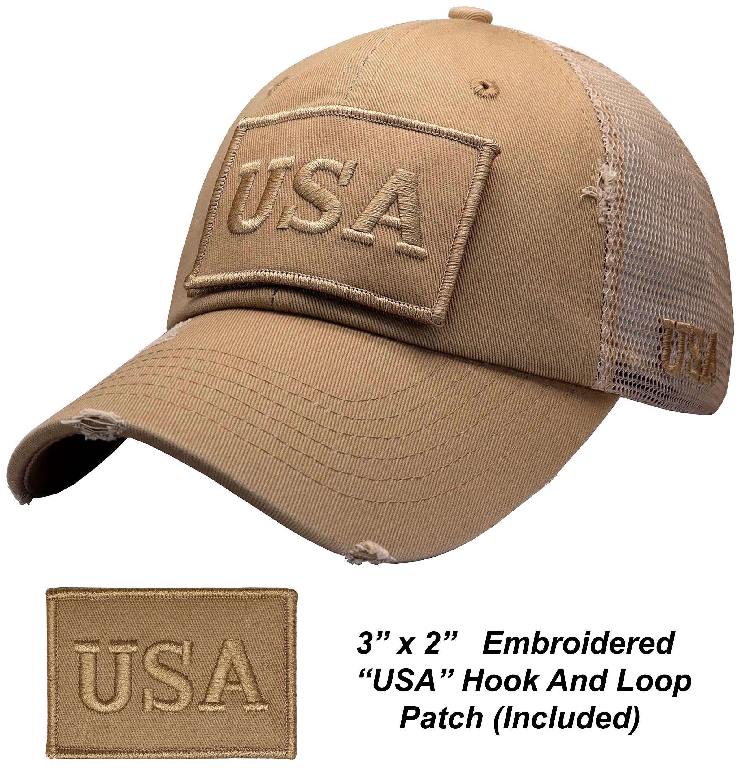 Antourage American Flag Unconstructed Hat for Men and Women Twill Mesh Snapback Baseball USA Flag Cap + 2 Patriotic Patches ((10) Khaki Distressed Mesh Snapback)