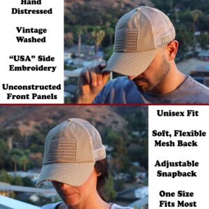 Antourage American Flag Unconstructed Hat for Men and Women Twill Mesh Snapback Baseball USA Flag Cap + 2 Patriotic Patches ((10) Khaki Distressed Mesh Snapback)