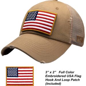 Antourage American Flag Unconstructed Hat for Men and Women Twill Mesh Snapback Baseball USA Flag Cap + 2 Patriotic Patches ((10) Khaki Distressed Mesh Snapback)