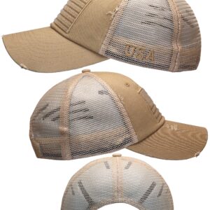 Antourage American Flag Unconstructed Hat for Men and Women Twill Mesh Snapback Baseball USA Flag Cap + 2 Patriotic Patches ((10) Khaki Distressed Mesh Snapback)