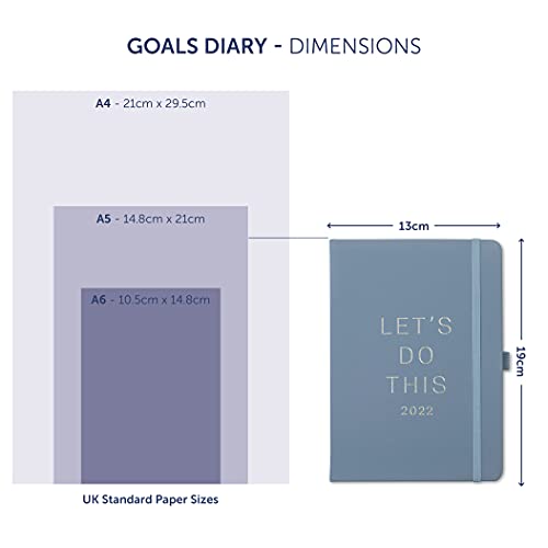 Busy B Goals Diary Runs January - December 2022. A5 Blue Week to View Goal Setting Planner with Stickers, Pockets & Notes