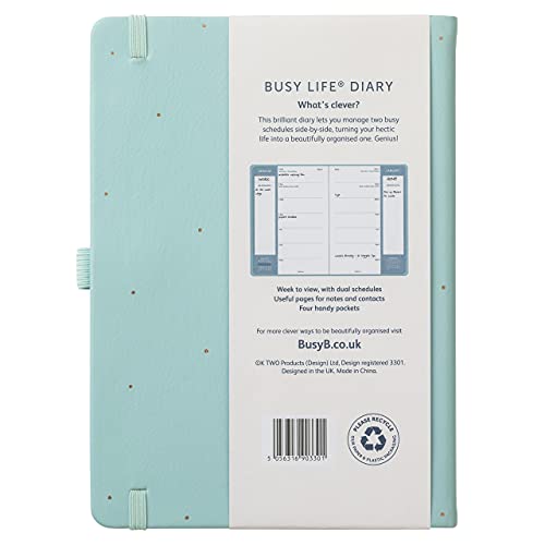 Busy B Busy Life Diary January to December 2022 - A5 Blue Faux Leather Week to View Planner with Dual Schedules, Pen Holder and Pockets