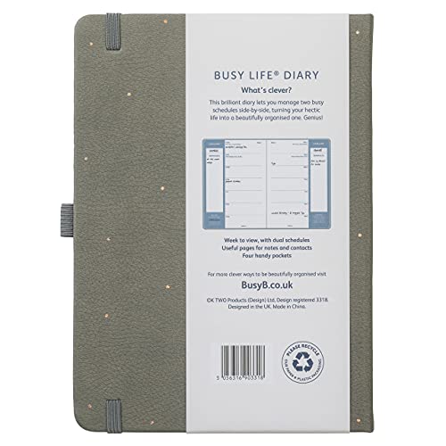 Busy B Busy Life Diary January to December 2022 - A5 Grey Faux Leather Week to View Planner with Dual Schedules, Pen Holder and Pockets