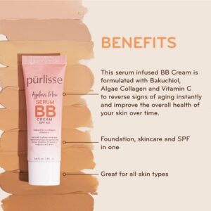 pūrlisse Ageless Glow Serum BB Cream SPF 40 : Clean & Cruelty-Free, Full & Flawless Coverage, Hydrates with Collagen | Medium Golden 1.4oz