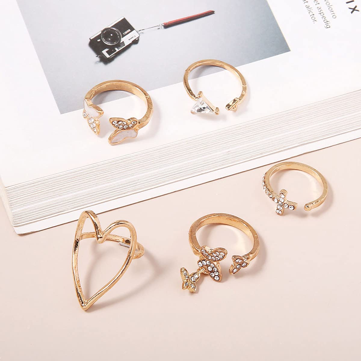 Bufenia Gold Butterfly Rings Set Crystal Joint Knuckle Finger Rings Heart Cross Stackable Rings for Women