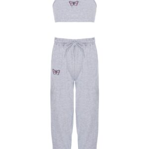 Moggemol Girls 2 Piece Dance Sports Outfits Butterfly Print Cami Crop Tops and Sweatpants Tracksuit Jogger Set Grey 10 Years