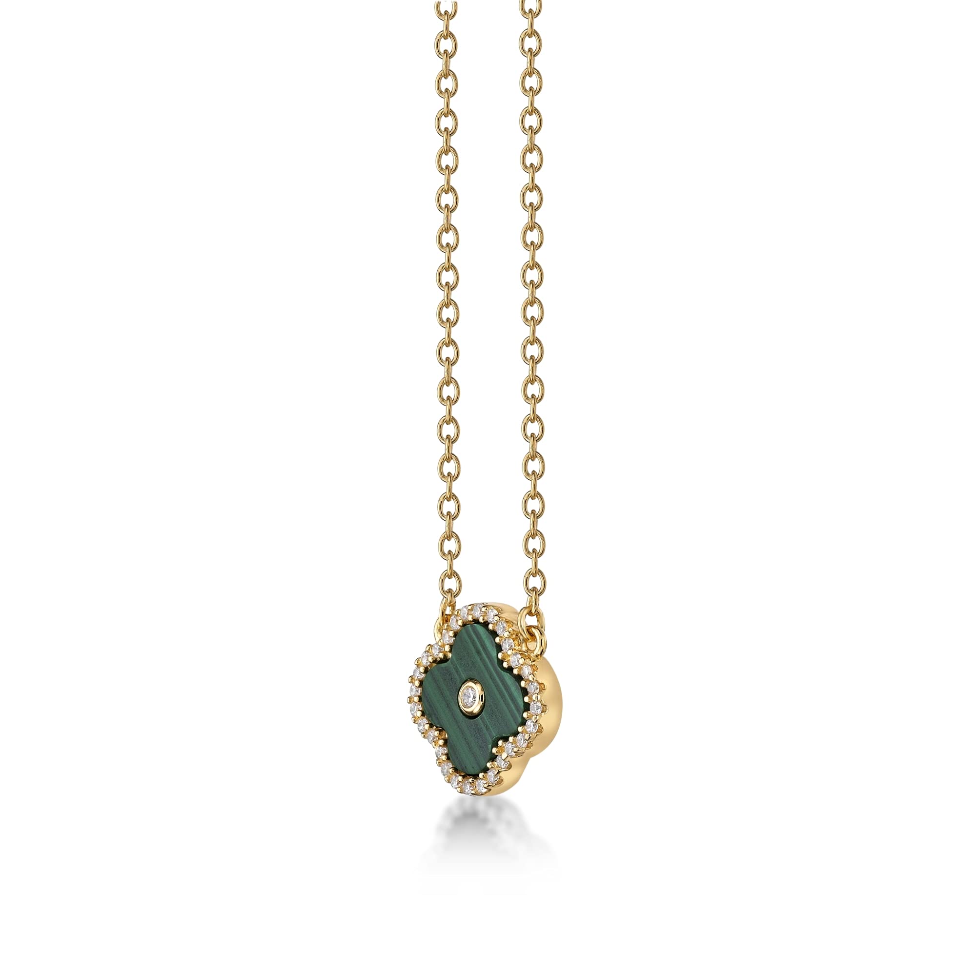 Lavari Jewelers Malachite and Cubic Zirconia Flower Pendant Necklace for Women in 925 Sterling Silver with Yellow Gold Plating 16 to 18 Inches Long Adjustable Chain with Spring Ring Clasp