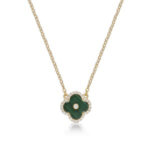 Lavari Jewelers Malachite and Cubic Zirconia Flower Pendant Necklace for Women in 925 Sterling Silver with Yellow Gold Plating 16 to 18 Inches Long Adjustable Chain with Spring Ring Clasp