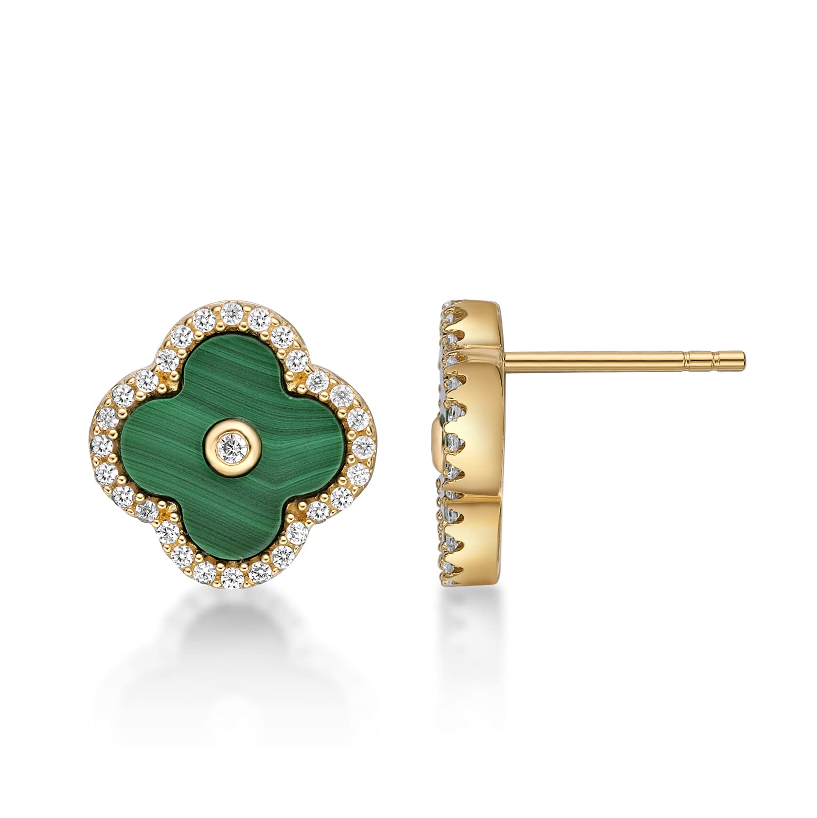 Lavari Jewelers Four Petal Halo Flower Stud Earrings for Women - Elegant Green Malachite & Cubic Zirconia in 925 Sterling Silver - Hypoallergenic Yellow Gold Plated - 11 MM Push Back Studs for Her