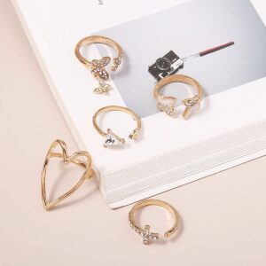 Bufenia Gold Butterfly Rings Set Crystal Joint Knuckle Finger Rings Heart Cross Stackable Rings for Women