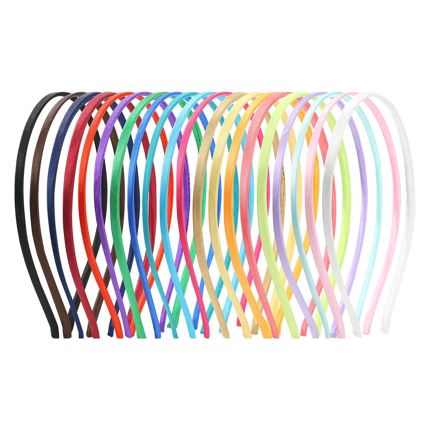 Lawie 20 Pack Colorful Plain Blank Cloth Satin Fabric Covered Slim Thin Hard Metal Headband Simple Skinny Wire Hair band Elastic Hair Hoop Holder Clasp Tiara Crown Craft DIY Accessories for Women