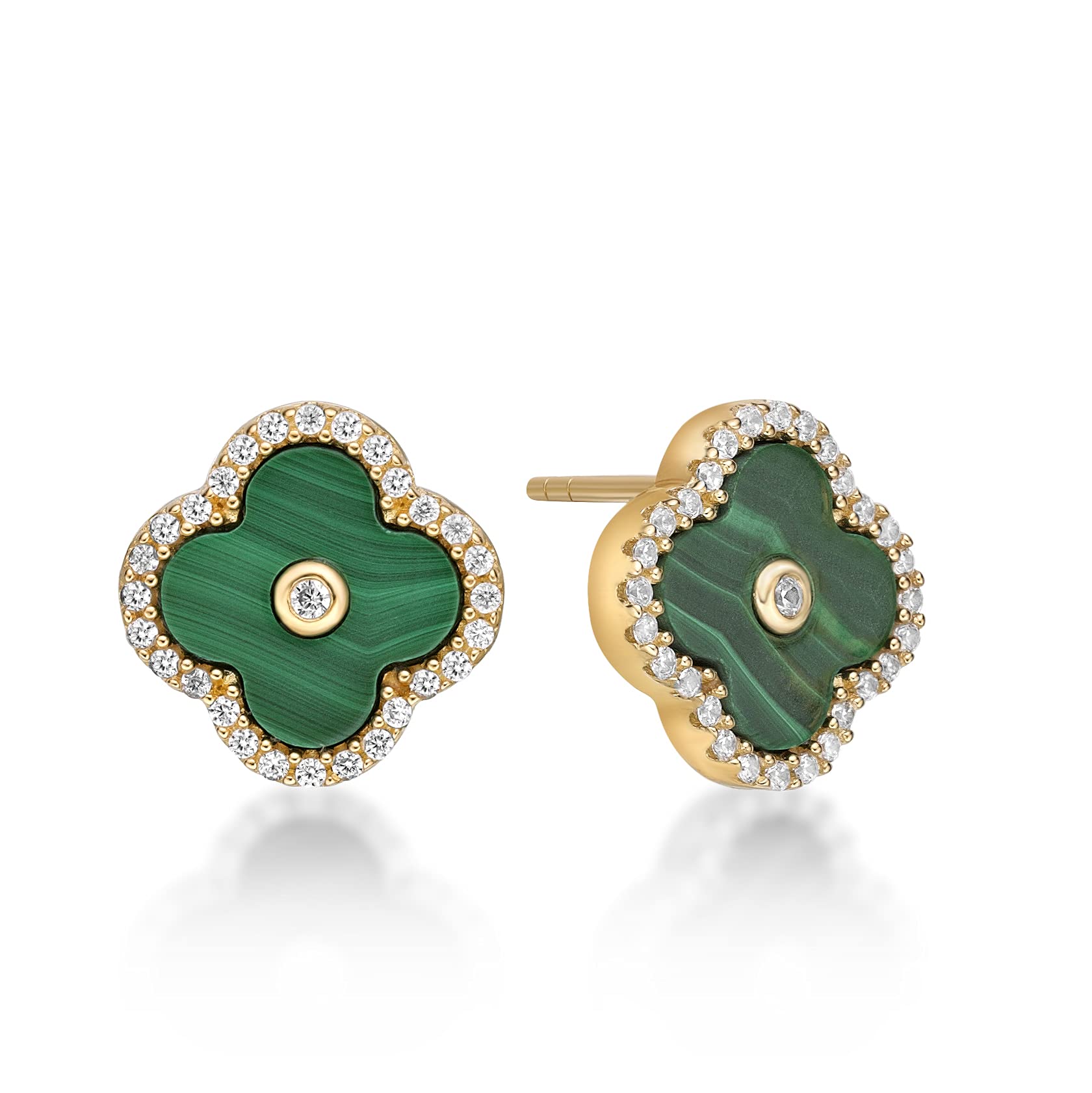 Lavari Jewelers Four Petal Halo Flower Stud Earrings for Women - Elegant Green Malachite & Cubic Zirconia in 925 Sterling Silver - Hypoallergenic Yellow Gold Plated - 11 MM Push Back Studs for Her