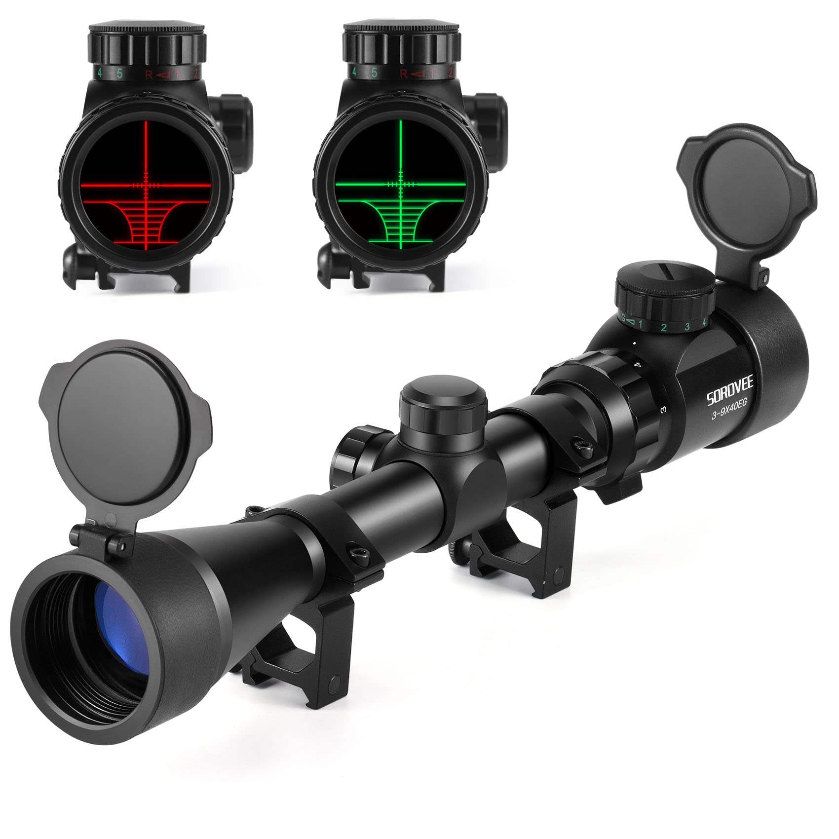 SOROVEE Rifle Scope 3-9x40 EG Red Green Rangefinder Illuminated Optical Tactical Airsoft Scopes for Hunting with 20mm Free Mounts and Flip-Open Covers