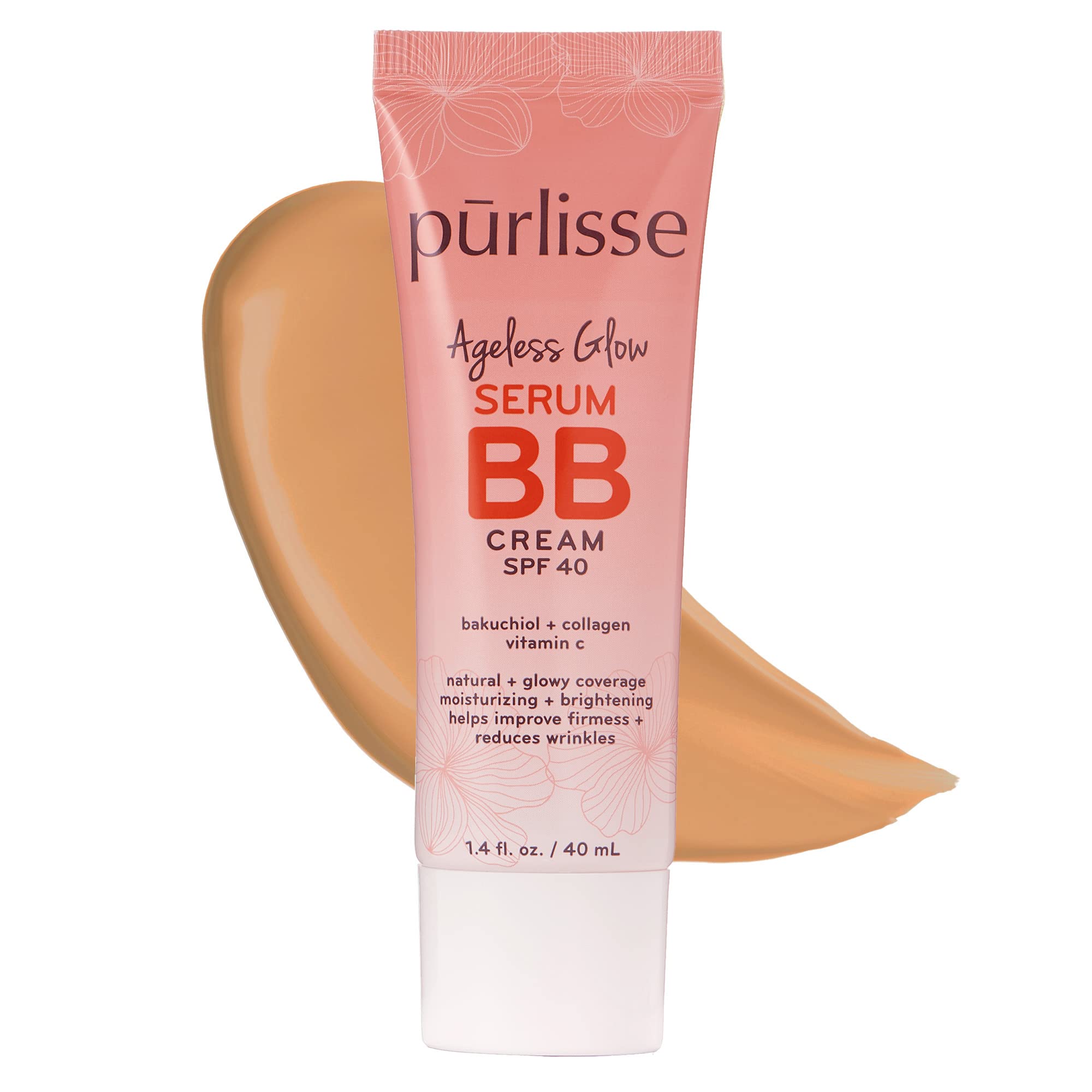 pūrlisse Ageless Glow Serum BB Cream SPF 40 : Clean & Cruelty-Free, Full & Flawless Coverage, Hydrates with Collagen | Medium Golden 1.4oz