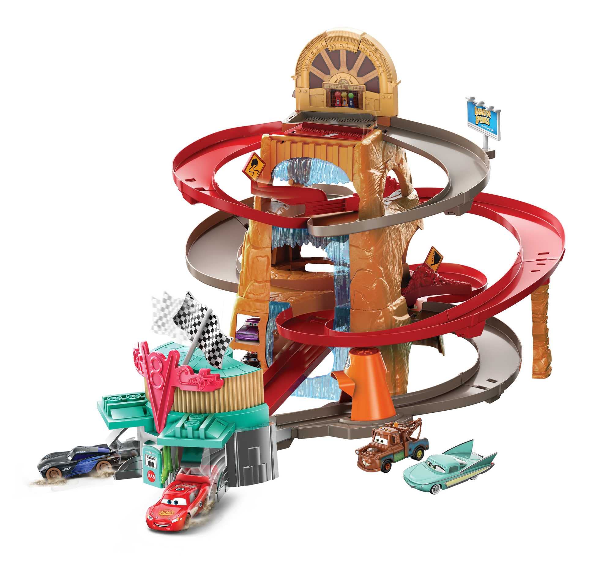 Mattel Disney and Pixar Cars Track Set, Radiator Springs Mountain Race Playset with 2 Toy Cars, Launcher & Winning Flag