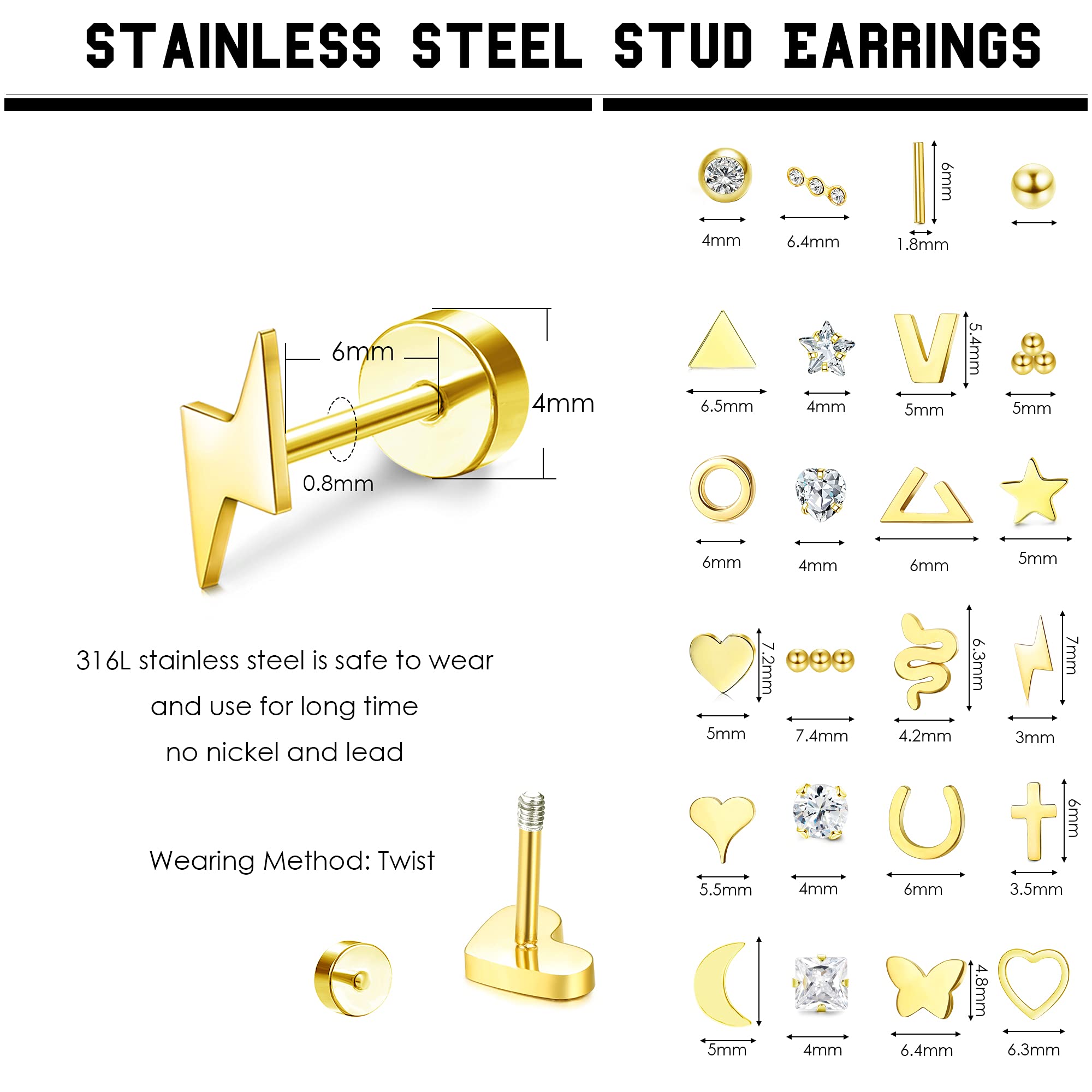 Sanfenly 24 Pairs Stud Earrings for Women Men 20G Stainless Steel Tiny Silver Gold Rose Gold Black Cartlidge Earrings Stud Small Snake Star Moon Ball Butterfly Triangle Heart Square Round CZ Screw