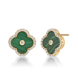 Lavari Jewelers Four Petal Halo Flower Stud Earrings for Women - Elegant Green Malachite & Cubic Zirconia in 925 Sterling Silver - Hypoallergenic Yellow Gold Plated - 11 MM Push Back Studs for Her