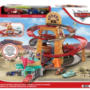 Mattel Disney and Pixar Cars Track Set, Radiator Springs Mountain Race Playset with 2 Toy Cars, Launcher & Winning Flag