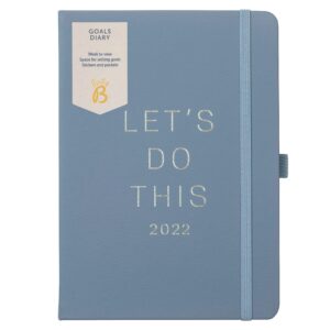 busy b goals diary runs january - december 2022. a5 blue week to view goal setting planner with stickers, pockets & notes