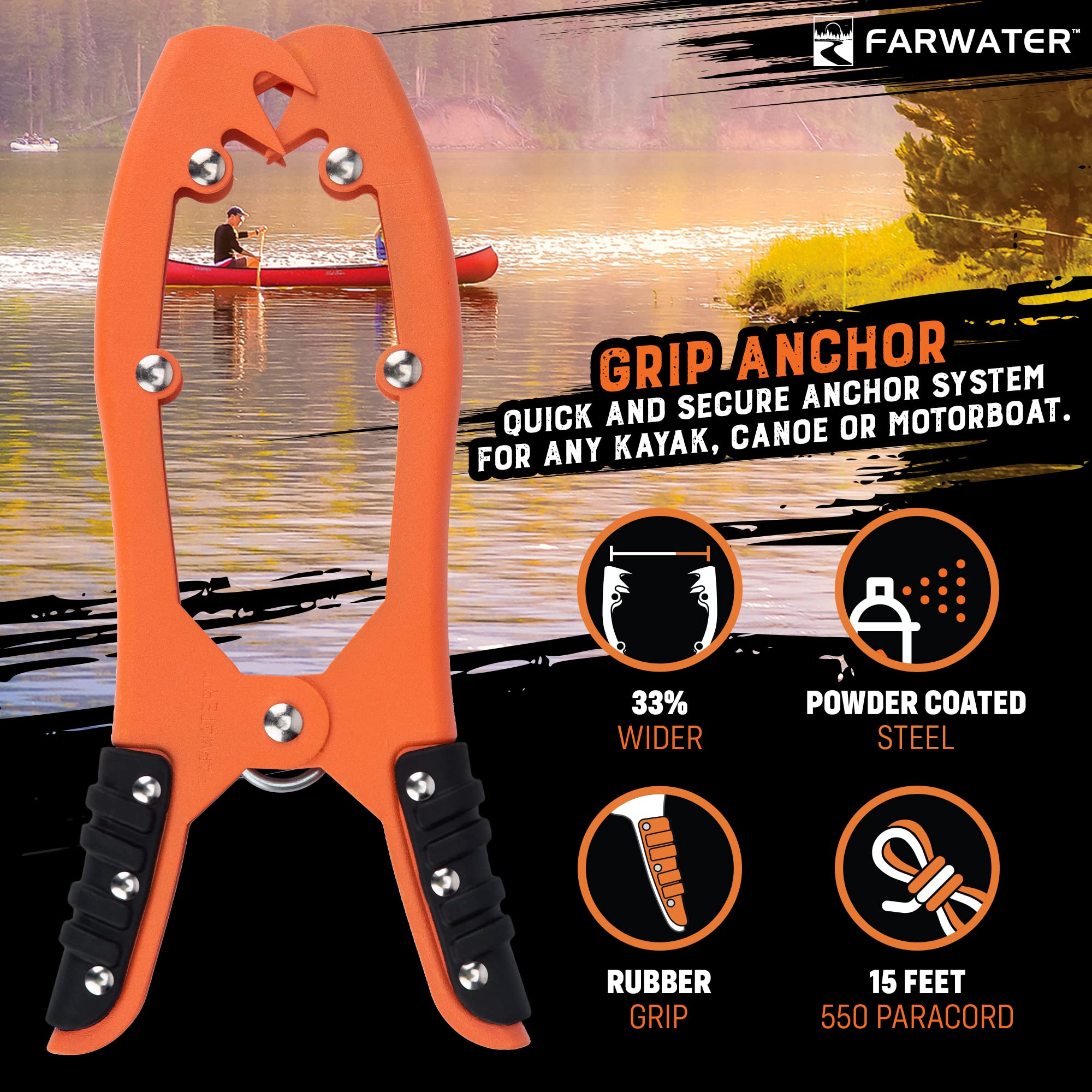 FARWATER Canoe Anchor Grip - Boat, Float Tube & Kayak Fishing Accessories, Kayaking Equipment - Brush Clamp Anchor with Teeth - Gripper with 15ft Paracord - Rubber Grips - Coated Steel - Matte Orange