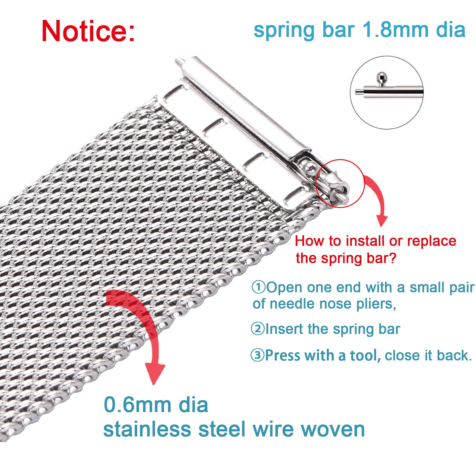 Carty Stainless Steel Mesh Watch Bands for Men,Thin Metal Mesh Watch Strap 20mm Quick Release Watch Band Silver