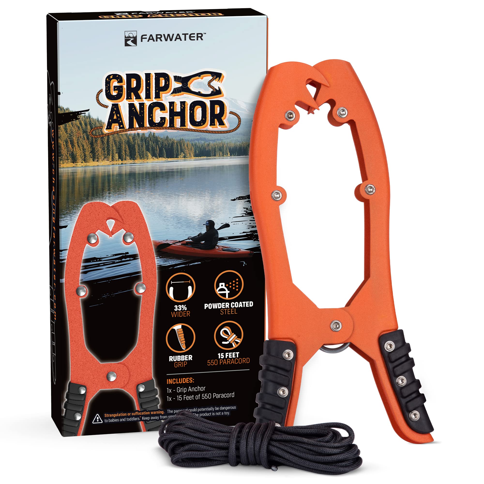 FARWATER Canoe Anchor Grip - Boat, Float Tube & Kayak Fishing Accessories, Kayaking Equipment - Brush Clamp Anchor with Teeth - Gripper with 15ft Paracord - Rubber Grips - Coated Steel - Matte Orange