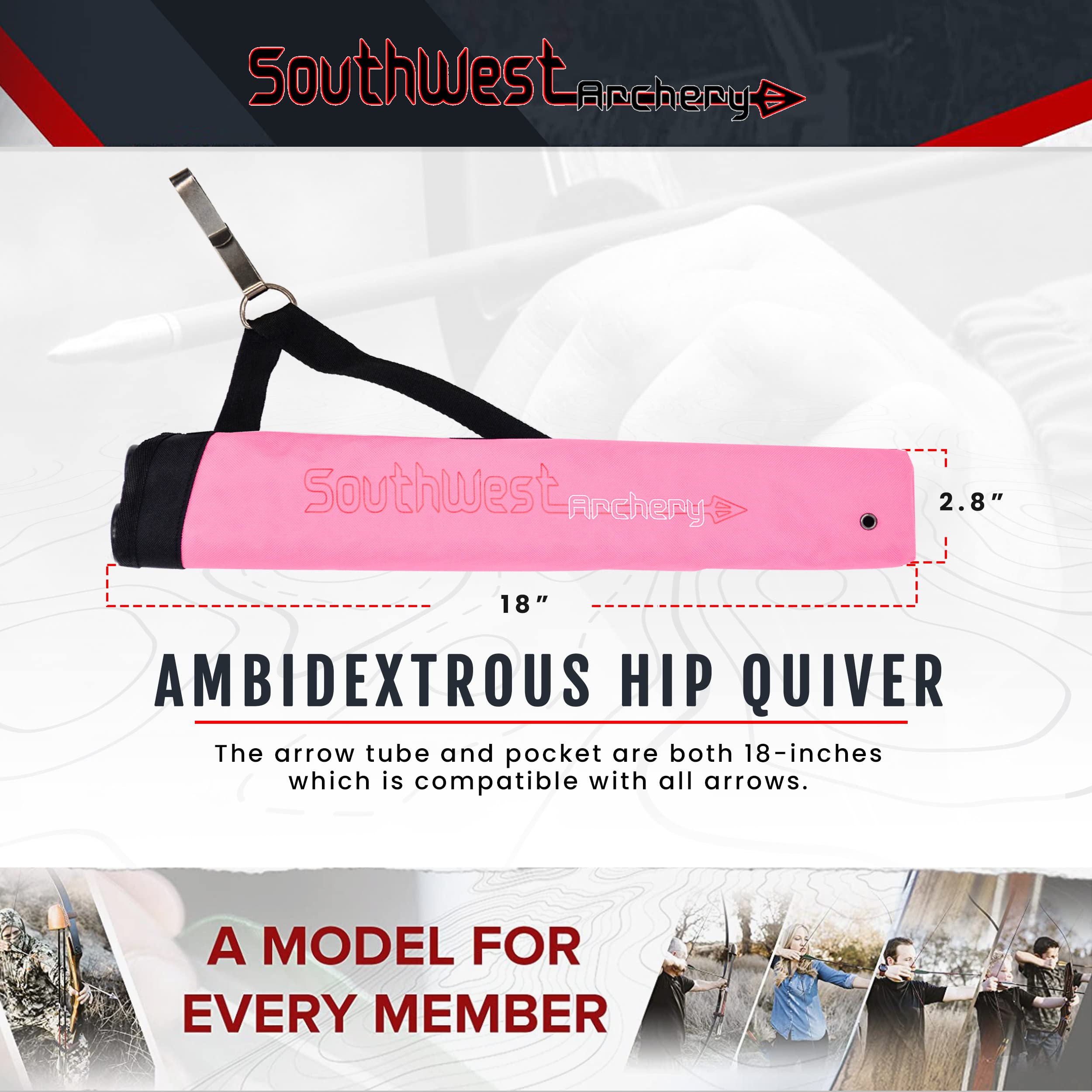 Southwest Archery Universal Hip Quiver - Two Removable 18 inch Arrow Tubes - Clips on to Your Belt – Right and Left Handed - Pink