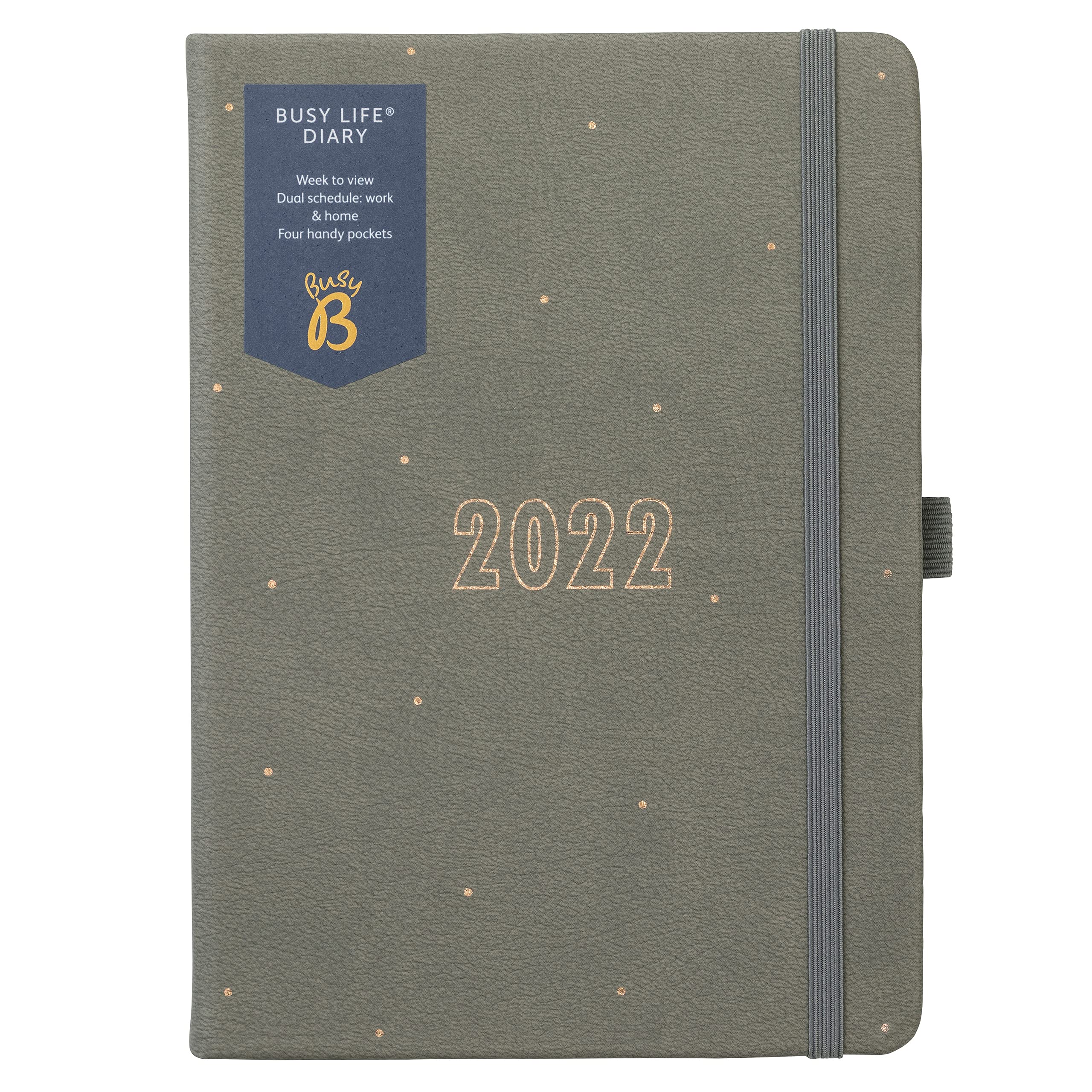 Busy B Busy Life Diary January to December 2022 - A5 Grey Faux Leather Week to View Planner with Dual Schedules, Pen Holder and Pockets