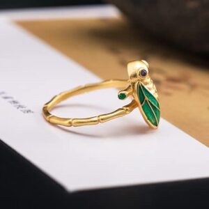 Helen de Lete Colorful Golden Cicada S925 Sterling Silver Adjustable Ring For Men and Women