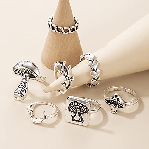 CSIYANJRY99 Vintage Silver Punk Rings Set Retro Mushroom Heart Moon Flower Heart Signet Knuckle Finger Statement Rings for Women Jewelry (I)