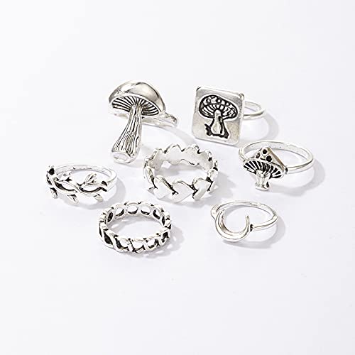 CSIYANJRY99 Vintage Silver Punk Rings Set Retro Mushroom Heart Moon Flower Heart Signet Knuckle Finger Statement Rings for Women Jewelry (I)