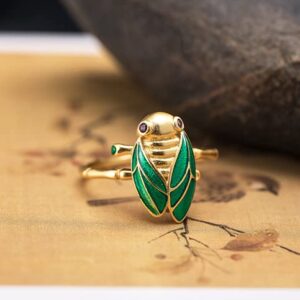 Helen de Lete Colorful Golden Cicada S925 Sterling Silver Adjustable Ring For Men and Women