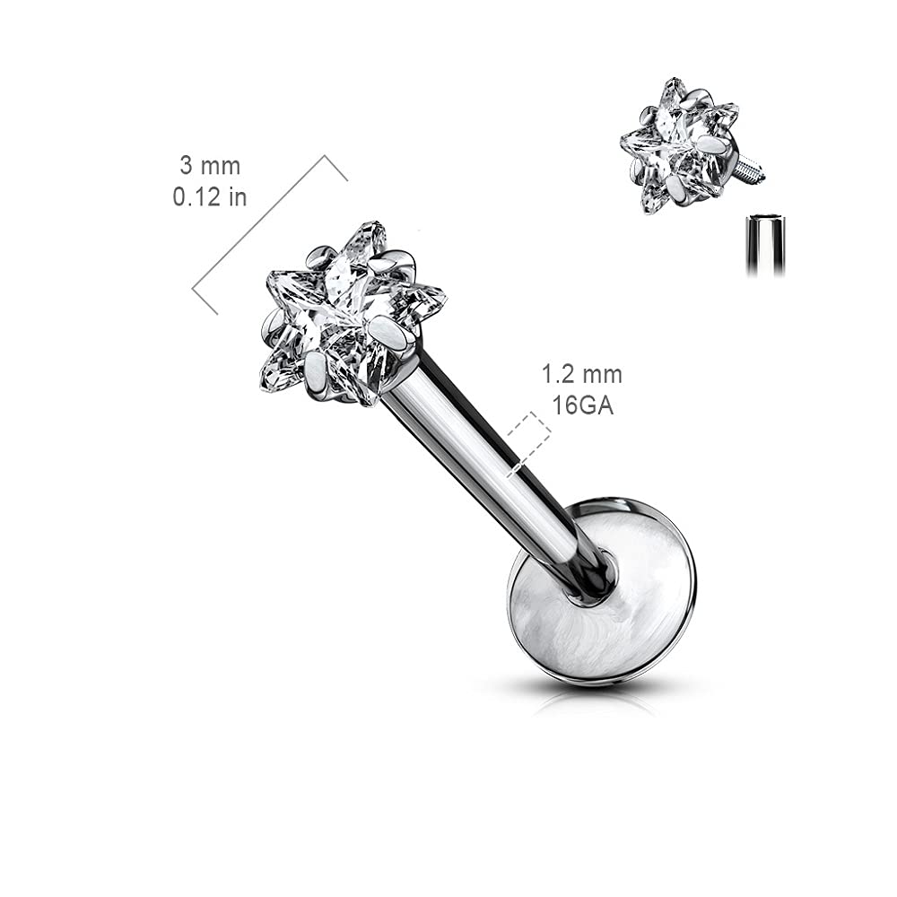 Pierced Owl 16GA G23 Implant Grade Titanium Prong Set Star Shaped CZ Crystal Internally Threaded Lip Cartilage Stud (6mm Barbell)