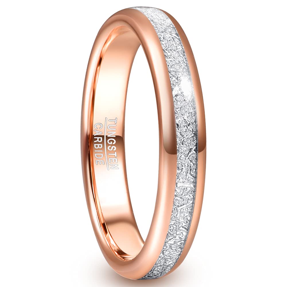 Fivavo 4mm Womens Rose Gold Rings Silver Imitated Meteorite Inlay Tungsten Wedding Band Ring Size 9