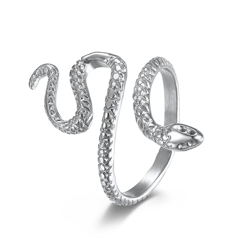 WOYNJI Stainless Steel Punk Snake Ring for Women Vintage Animal Wrap Stacking Statement Rings Silver Size 6