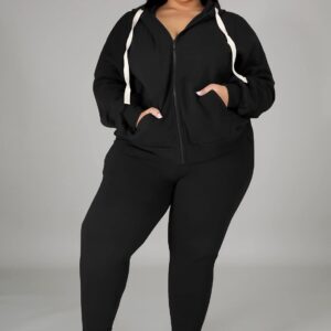 Tycorwd Women's Plus Size Two Piece Outfits Sweatsuits Sets Long Sleeve Loungewear Tracksuit Sets Black-3XL