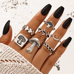 CSIYANJRY99 Vintage Silver Punk Rings Set Retro Mushroom Heart Moon Flower Heart Signet Knuckle Finger Statement Rings for Women Jewelry (I)