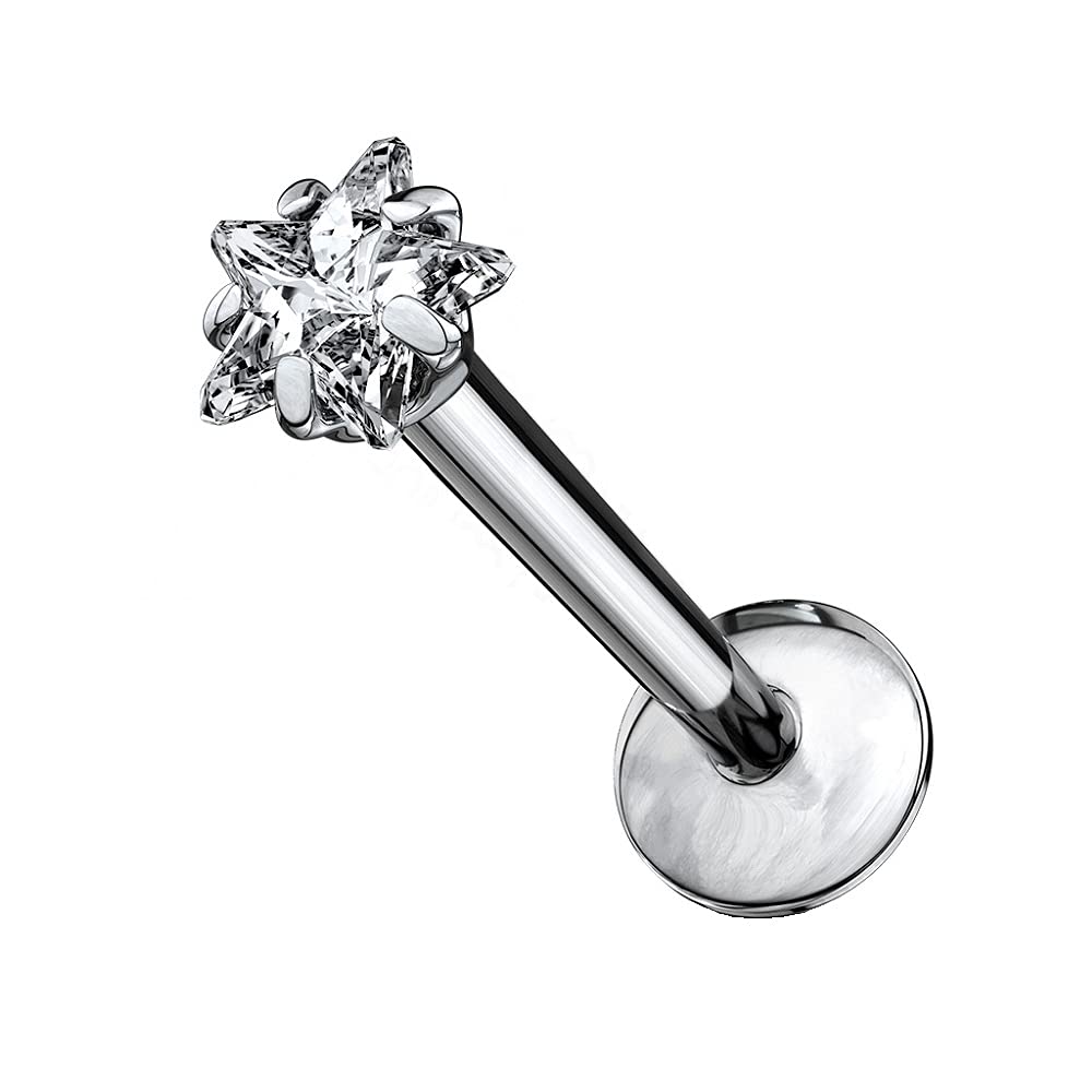 Pierced Owl 16GA G23 Implant Grade Titanium Prong Set Star Shaped CZ Crystal Internally Threaded Lip Cartilage Stud (6mm Barbell)