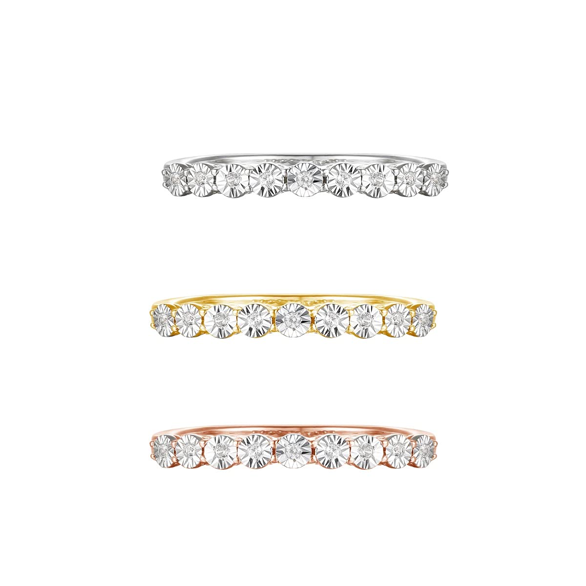 Tirafina Diamond Band Rings, 9 Natural Round Diamonds, Diamonds Set in a Miracle Plate Setting, 14K Rose Gold-plated Sterling Silver/14K Gold-plated Sterling Silver/Sterling Silver band (1/10 cttw)