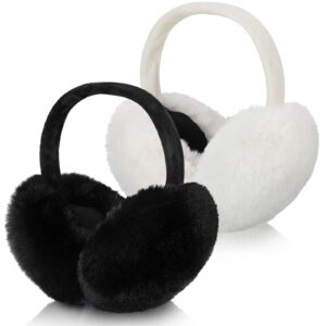 satinior 2 pieces winter ear muffs faux fur earmuffs cute foldable outdoor ear warmers faux fur ear warmers for women (black, white), one size