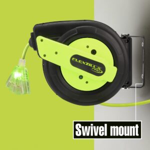 Flexzilla Retractable Extension Cord Reel, 12/3 AWG SJTOW Cord, 60', Grounded Triple Tap Outlet, ZillaGreen, FZ8120603