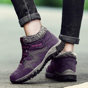 TBWM Women Winter Thermal Villi Leather Platform Fashion high top Boots Outdoor Walking Shoes Non-Slip Hiking Shoes Purple