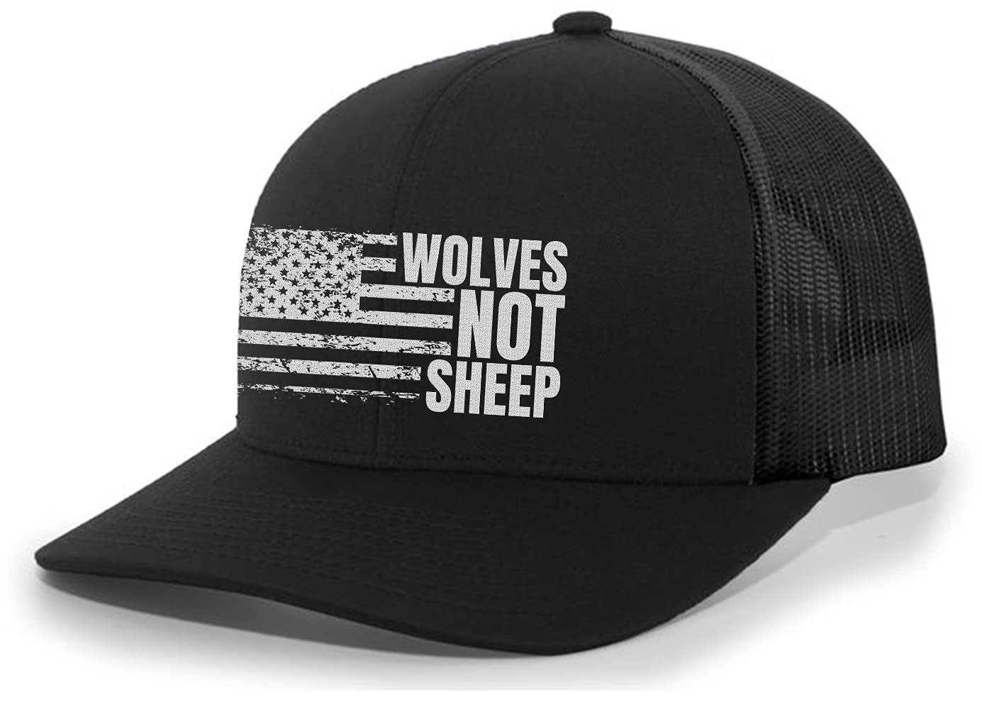 Men's Wolves Not Sheep Patriotic Embroidered American Flag Mesh Back Trucker Hat, Black/Black