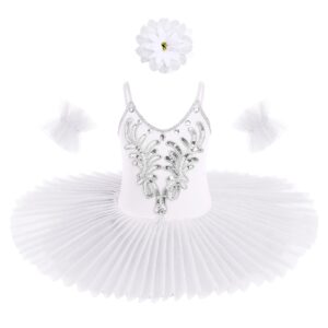 Toddler Kids Girls Swan Lake Ballet Dance Tutu Dress Sequins Camisole Leotard Hard Organdy Platter Skirted Ballerina Performance Dresses Costume with Arm Sleeves Hair Clip Outfit Set White 7-8 Years