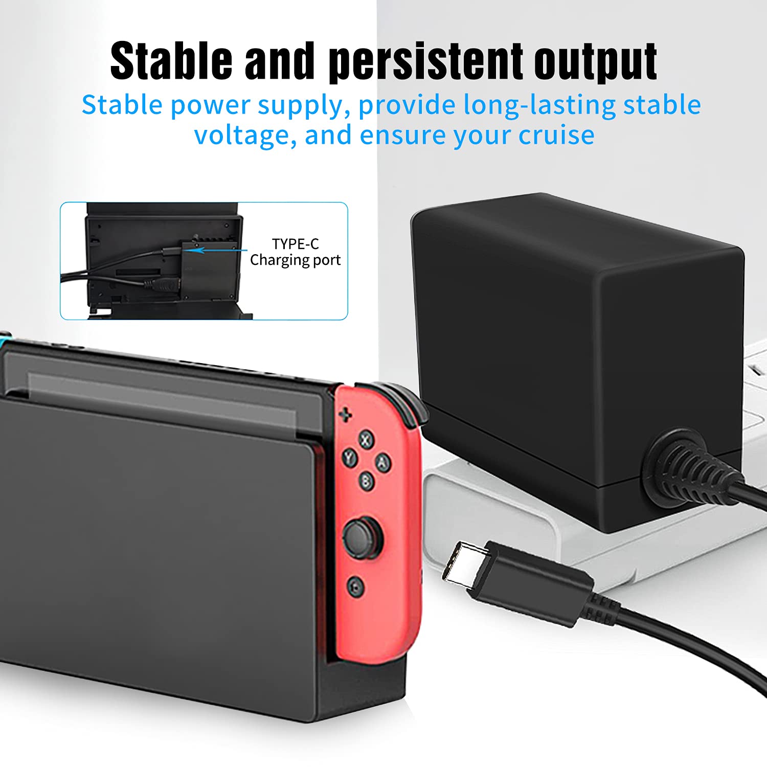 Switch Charger for Nintendo Switch, Switch AC Adapter Power Cord, Charger Cable 15V/2.6A,5V 1.5A Compatible with Nintendo Switch/Switch OLED/Switch Lite Supports TV Mode and Docking Station (Black)