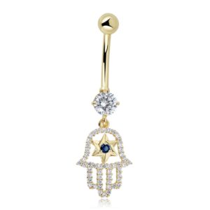 AVORA 10K Yellow Gold Simulated Diamond CZ Dangling Hamsa Belly Button Ring Body Jewelry (14 Gauge)