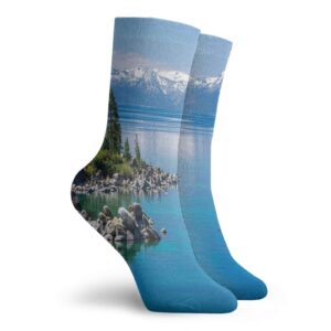 GULTMEE Fashion Compression Socks,Blue Waters Of Lake Tahoe Snowy Mountains Pine Trees Rocks Relax Shore,Performance Polyester Cushioned Athletic Crew Socks for Running,Athletic, -12 inch